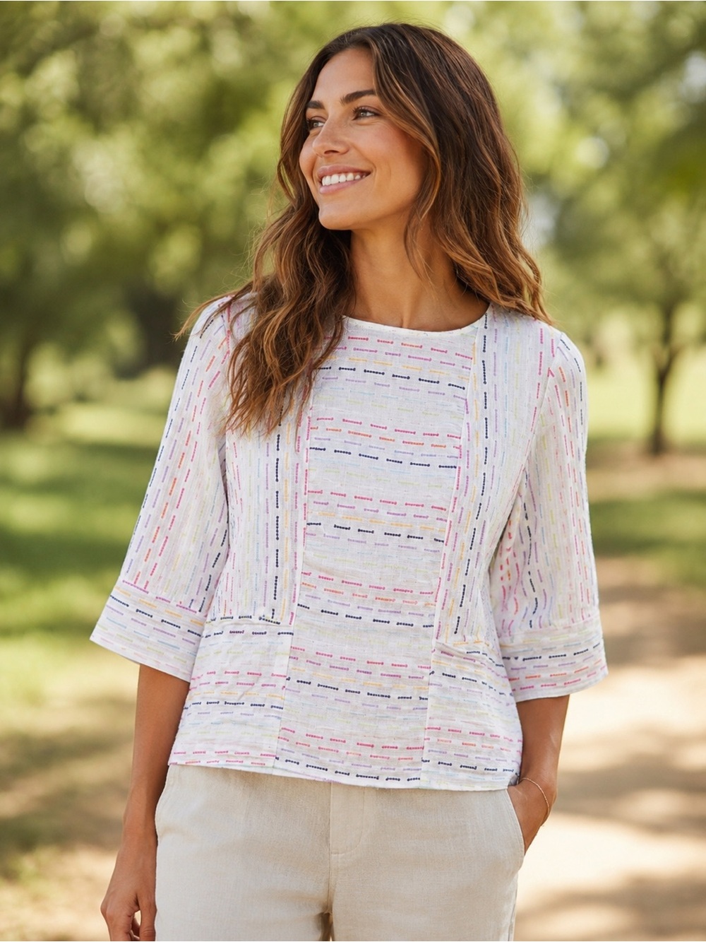 Habitat Embroidered Pocket Tunic Top Medium White Multicolor 3/4 Sleeve